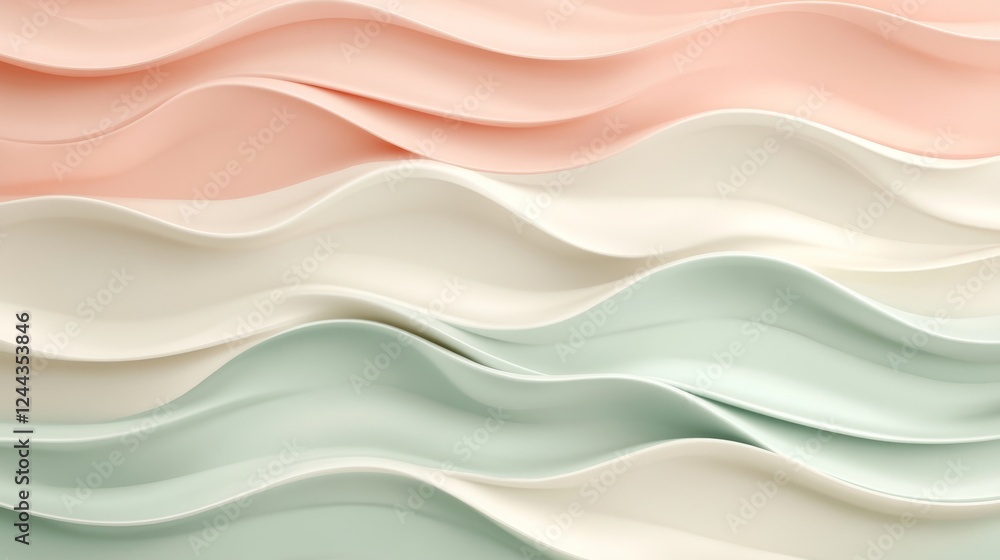 Poster ayered pastel wave patterns in soft pink and teal shades representing gentle flow and abstract minim