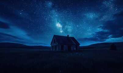 Mystical Night with Starry Sky and Abandoned House Mystical Night with Starry Sky and Abandoned House