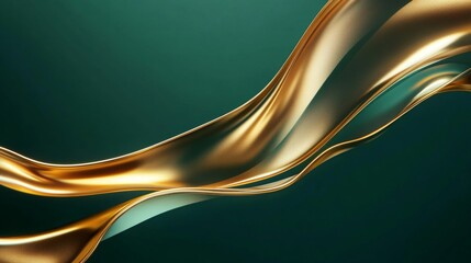 Luxurious golden ribbon waves curve over a modern green background