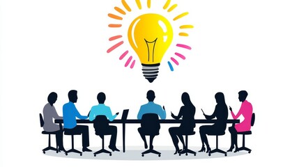 Team Brainstorming Session - Silhouettes of a team sitting around a table, a bright idea lightbulb above them.  Concept of teamwork, innovation, and collaboration.