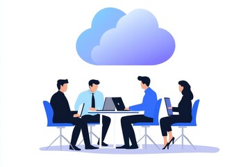 Fototapeta premium Team Collaboration Cloud Computing - Four colleagues collaborate on laptops around a table, symbolized by a cloud above representing cloud computing.