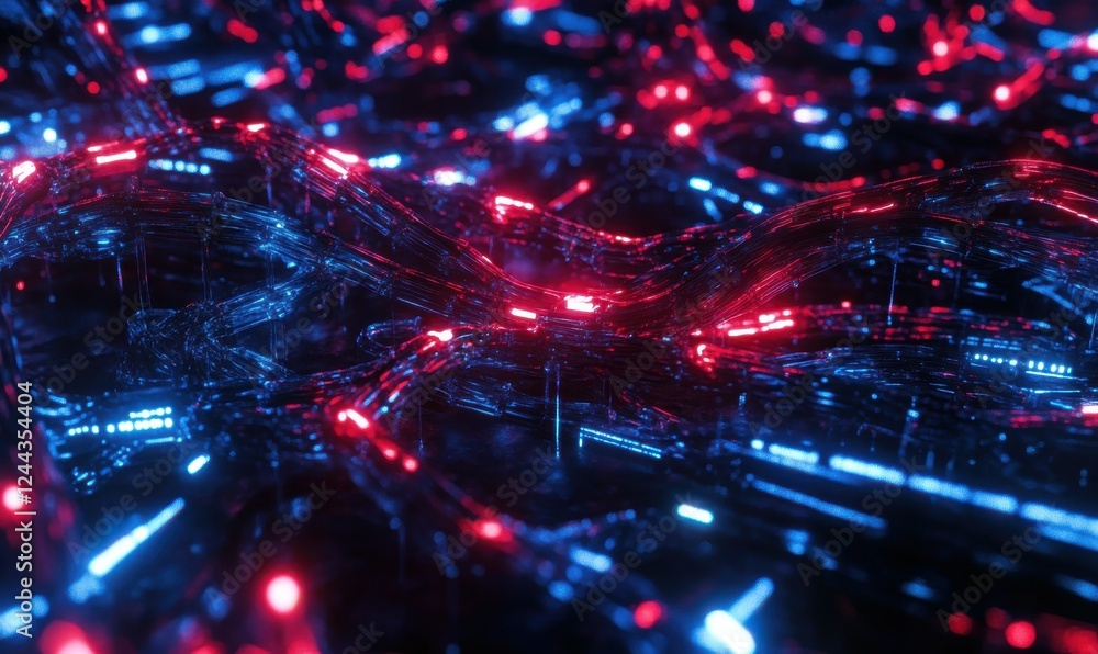 Poster network of glowing red and blue connections in a high-tech digital environment, representing seamles