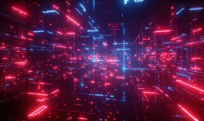 Fototapeta premium Network of glowing red and blue connections in a high-tech digital environment, representing seamless data exchange and security.