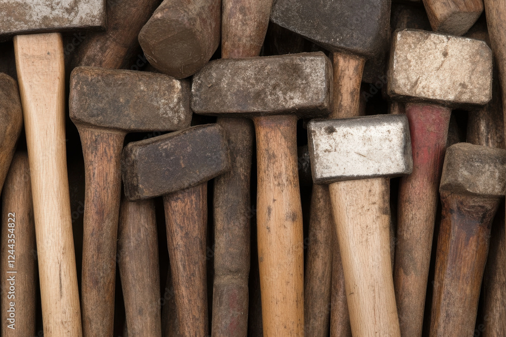 Poster a pile of old wooden hammers with some of them having rust on them