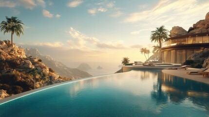 Luxury resort retreat scenic beach digital art tropical paradise panoramic view serenity