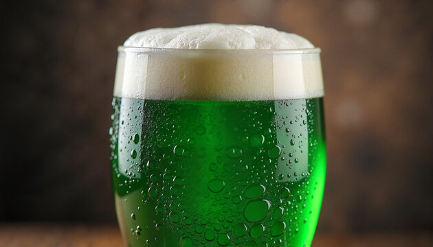 Close-up of a glass of green beer with frothy foam and condensation with copy space