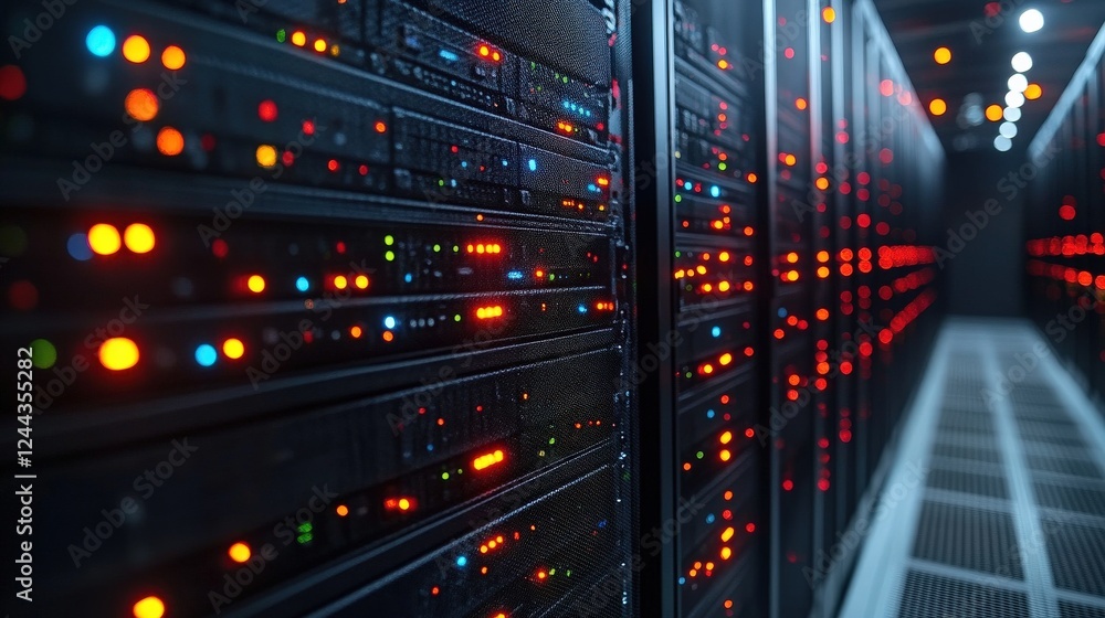 Aufkleber close-up view of a modern server room with illuminated data storage units and cooling systems