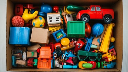 Plastic and cardboard toys in a box against a white backdrop.