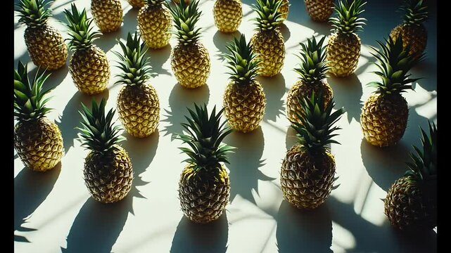 Sunlit pineapples arranged on white surface, studio shot, food background
