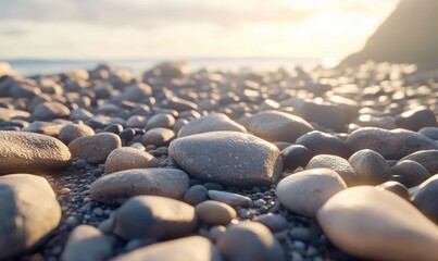Pebbled beach with smooth stones glistening under gentle sunlight, styled for a serene coastal vibe with natural textures