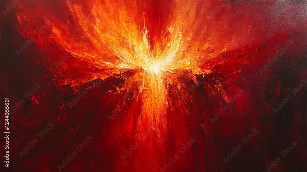 Poster fiery explosion resembling a phoenix in flight with bright orange and red flame. perfect for dynamic