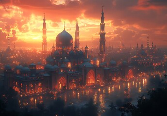Fototapeta premium Stunning Sunset Illuminating Grand Mosque with Domes and Minarets, Surrounded by Glowing Cityscape