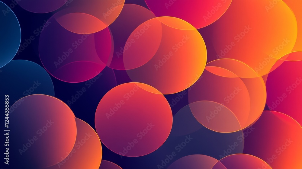 Poster gradient-filled overlapping circles in vivid pink, orange, and blue hues create a dynamic abstract c