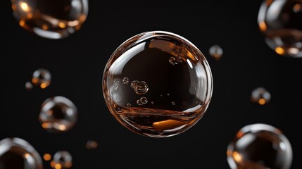 Glossy amber bubbles float against a dark background, creating a luxurious and abstract design. Perfect for modern, elegant, and creative visual concept