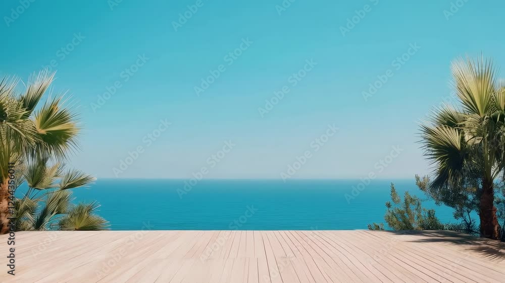 Poster palm trees frame a wooden terrace overlooking a tranquil ocean with clear blue sky, creating a seren