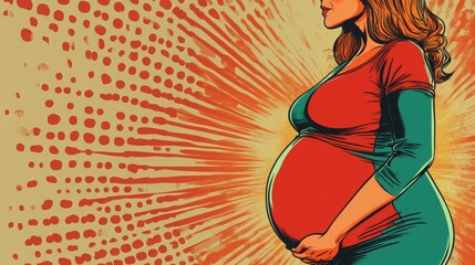 Pop art of a pregnant woman in vintage comic book style. A conceptual retro design