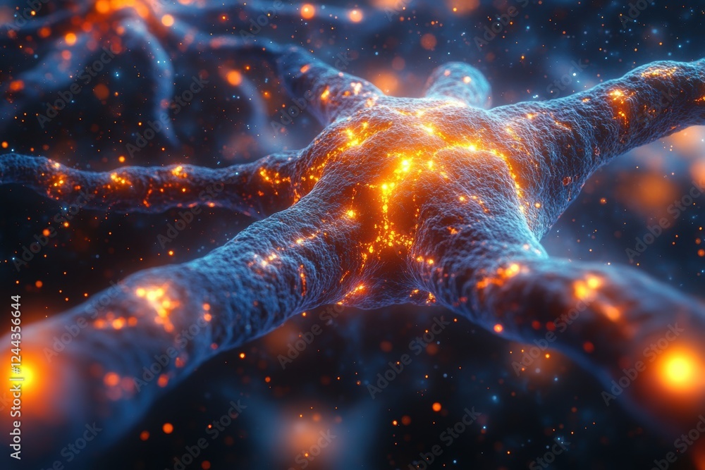 Aufkleber close-up view of a neuron with glowing synapses and connections.
