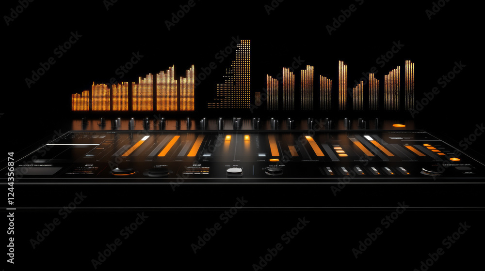 Poster a sleek digital sound equalizer design, portraying sound wave elements for ai voice assistants and a