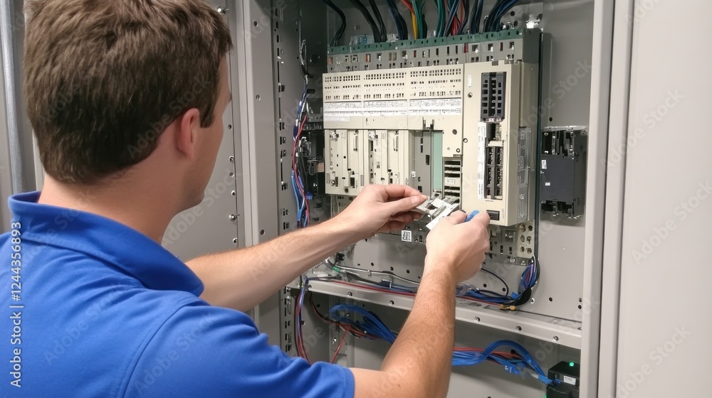 Aufkleber electrician installing component in server rack cabinet