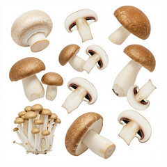 Various button and trumpet mushrooms collection set - isolated on white