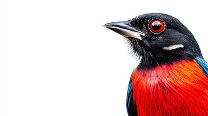 Vibrant Red and Black Bird Profile - A striking close-up of a brightly colored bird, symbolizing beauty, freedom, nature, vibrancy, and exoticism.