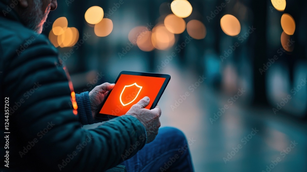 Aufkleber a person holds a tablet displaying a shield icon, symbolizing security, against a backdrop of blurre