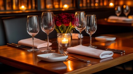 Romantic candlelit dinner table set with wine glasses, knives, forks, and napkins