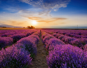 Obraz premium A vibrant lavender field stretches across the landscape under a sunset sky with wispy clouds in Provence, France. 