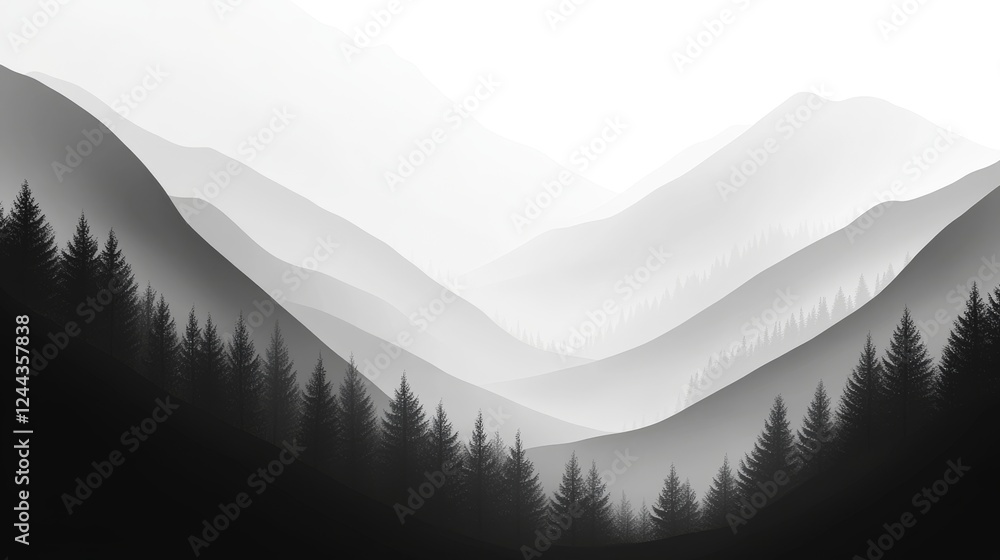 Poster forest mountain layer with foggy atmospheric gradient and minimalist style for tranquil natural and 