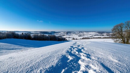 Footprints traverse a snowy hillside, leading down into the expansive winter landscape. The clear blue sky enhances the serene beauty of the snow-covered terrain
