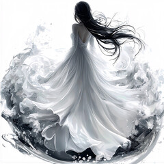 Fototapeta premium Elegant woman with flowing black hair and a white dress emerging from swirling water, back view.