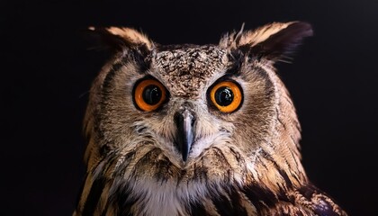 Fototapeta premium Striking Portrait of a Wise Old Owl in a Dark Studio, Captured with Artistic Precision and Moody Drama at Dusk on AI Generated Date.