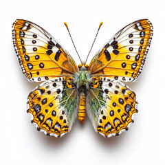 Fototapeta premium Detailed top-down view of a vibrant orange and white butterfly with intricate black markings, against a clean white background.