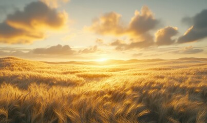 Obraz premium Radiant golden wheat field glowing under the soft light of a setting sun, embodying growth, abundance, and rural serenity.