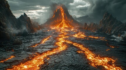 Naklejka premium Volcanic Eruption Lava Flow Mountain Landscape