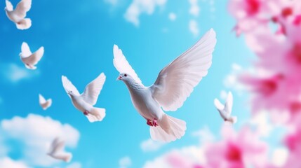 Fototapeta premium White Doves in Flight - Several white doves soar through a vibrant blue sky, surrounded by blossoming pink flowers. A symbol of peace and serenity.