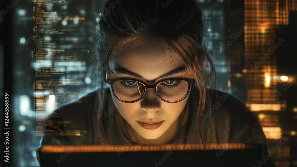 Wall mural scene of a bespectacled woman focused on processing data on a computer screen, smooth repetitive mot