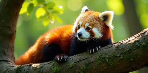 Obraz premium Red panda basking in sunlight, treetop habitat, wildlife, peaceful