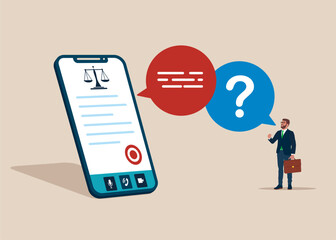 Big smartphone, justice and law application. Online legal advice. Mutual benefit and success. Flat vector illustration