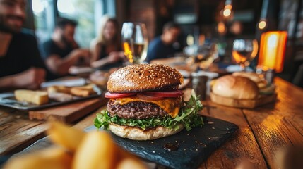 Juicy Gourmet Burger at a Rustic Restaurant