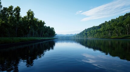 A calm river flows through a green landscape, with trees lining the banks under a clear blue sky. The still water reflects the vibrant greenery and distant mountains