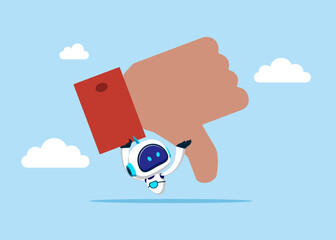 Robot carry heavy thumb down symbol on his shoulder. Customer complaint or bad reputation in technology, disappointment from mistake or failure, underperform, negative. Flat vector illustration
