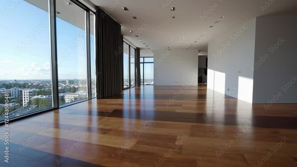 Poster Sunlight moves across the hardwood floor of an empty, spacious, and minimalist apartment with large windows offering a city view, captured in a slow motion sequence