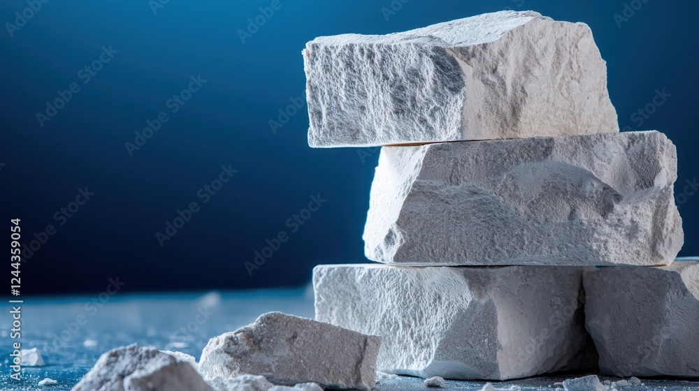 Poster a stack of white limestone blocks is arranged on a blue textured surface. soft light highlights the 
