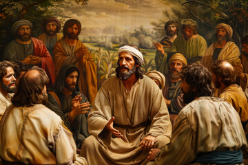 Fototapeta premium Man in a white robe is talking to a group of people. The man is wearing a white hat and is surrounded by other people. The scene appears to be a religious gathering or a meeting