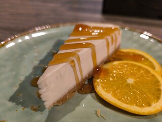 piece of delicious cake doused with honey.