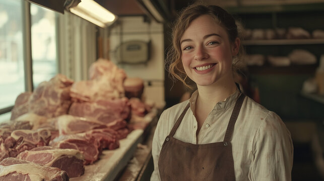 Cheerful White Woman Smiling at Camera in Butcher Setting, Warm and Friendly Expression, Professional and Approachable Atmosphere - Powered by Adobe