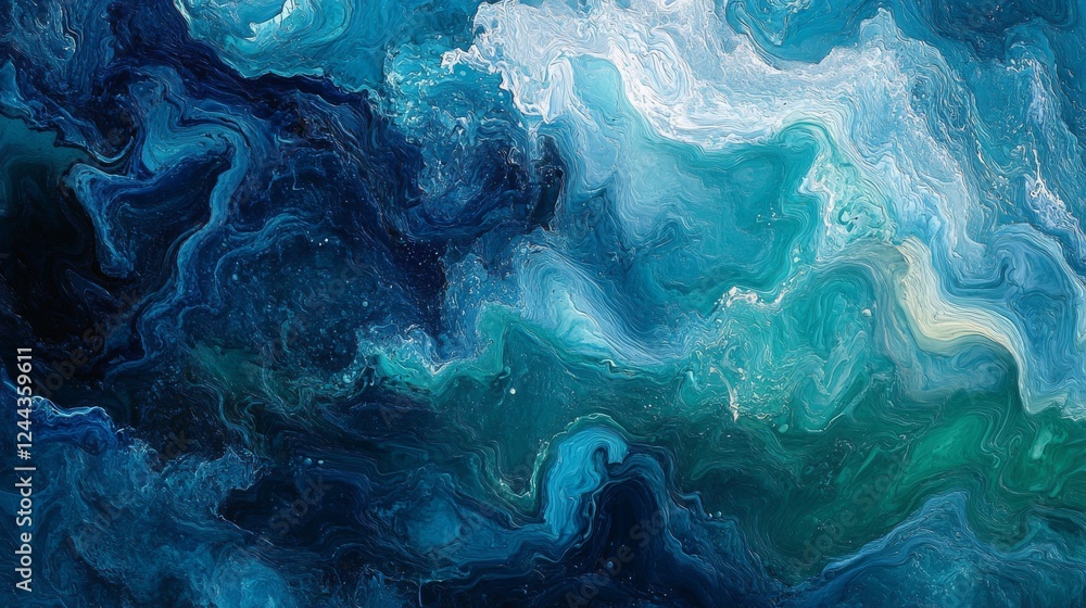 Poster deep ocean-inspired abstract swirl pattern in blue tones with a flowing design, evoking the power an