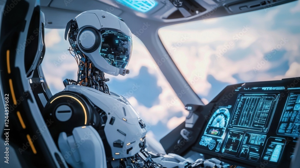 Poster a robotic pilot operates a high-tech control room filled with digital displays and complex interface