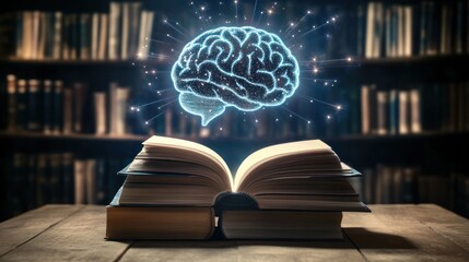 Glowing brain above open book in library; education concept
